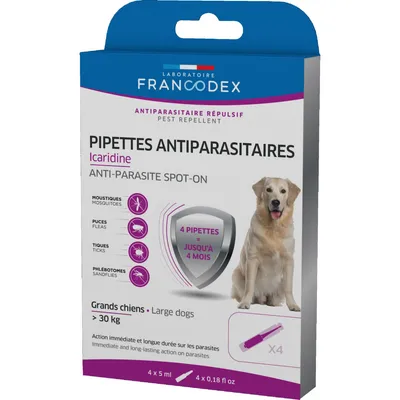 Francodex - 4 Pipettes Antiparasitaires Icaridine pour chien plus de 30 kg Francodex - 4 Pipettes Antiparasitaires Icaridine pour chien plus de 30 kg