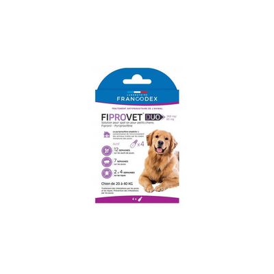 4 pipettes anti puces fiprovet duo pour chien 20 a 40 kg