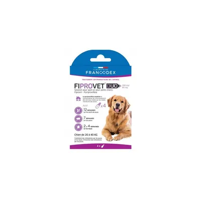 4 pipettes anti puces fiprovet duo pour chien 20 a 40 kg