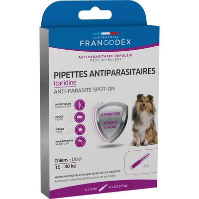 4 Pipettes Antiparasitaires Icaridine pour chien de 15-30 kg