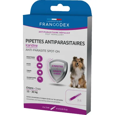 Francodex - 4 Pipettes Antiparasitaires Icaridine pour chien de 15-30 kg Francodex - 4 Pipettes Antiparasitaires Icaridine pour chien de 15-30 kg