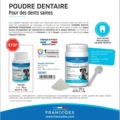 Francodex - Dentifrice en Poudre pot de 150 g Pour Chiens et Chats