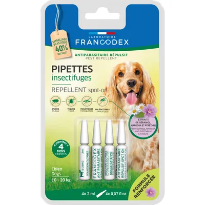 4 Pipettes Insectifuges pour Chiens de 10 kg à 20 kg 4 Pipettes Insectifuges pour Chiens de 10 kg à 20 kg