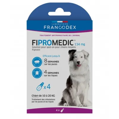 4 Pipettes Fipromedic 134 mg antiparasitaire Pour Chiens de 10 kg à 20 kg 4 Pipettes Fipromedic 134 mg antiparasitaire Pour Chiens de 10 kg à 20 kg