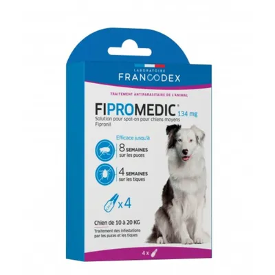 4 Pipettes Fipromedic 134 mg antiparasitaire Pour Chiens de 10 kg à 20 kg 4 Pipettes Fipromedic 134 mg antiparasitaire Pour Chiens de 10 kg à 20 kg