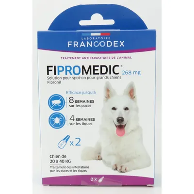 Francodex - 2 Pipettes Fipromedic 268 mg antiparasitaire Pour Chiens de 20 Francodex - 2 Pipettes Fipromedic 268 mg antiparasitaire Pour Chiens de 20