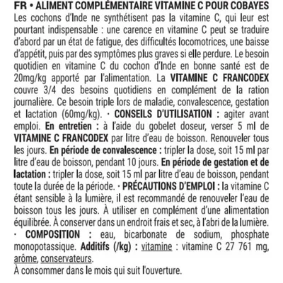 Vitamine C liquide pour cobaye (cochon d'Inde), à diluer dans l'eau, 250 ml Vitamine C liquide pour cobaye (cochon d'Inde), à diluer dans l'eau, 250 ml