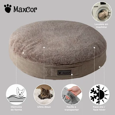 MaxCor Coussin Rond à Mémoire de Forme Réversible Chat - Petit(xs) Beige