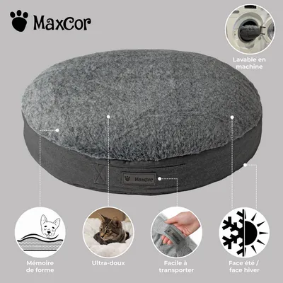 MaxCor Coussin Rond à Mémoire de Forme Réversible Chat- Petit(xs)Anthracite