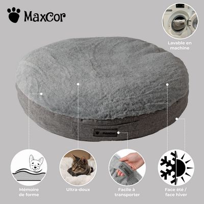 MaxCor Coussin Rond à Mémoire de Forme Réversible Chat - Petit(xs) Gris
