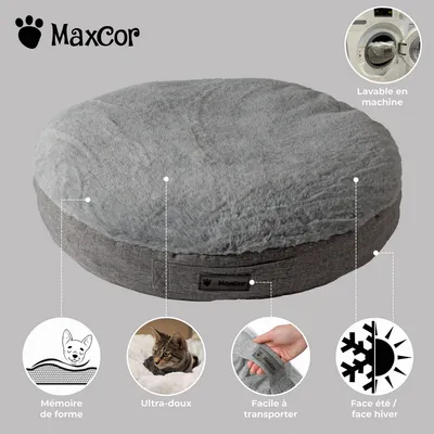 MaxCor Coussin Rond à Mémoire de Forme Réversible Chat - Petit(xs) Gris