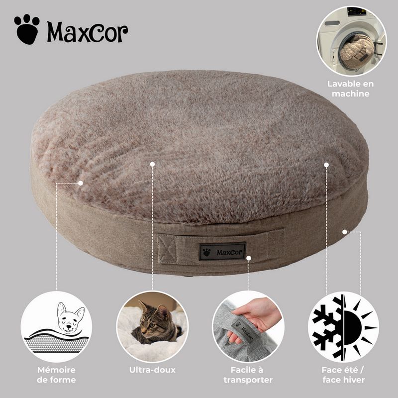 MaxCor Coussin Rond à Mémoire de Forme Réversible Chien - Grand (XL) Beige