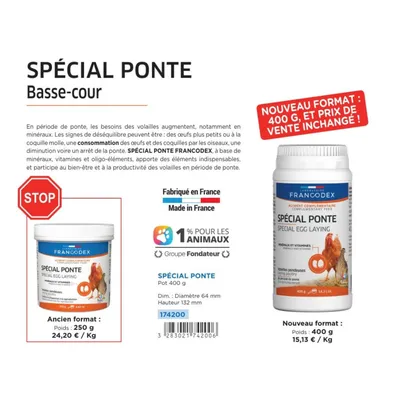 Complément minéral spécial ponte pour poules pondeuses et volailles, pot 40