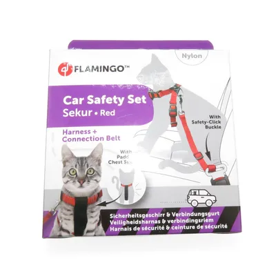 Flamingo - Harnais de Sécurité voiture + laisse Rouge 15 mm pour Chat