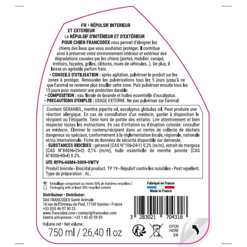 Francodex - Répulsif d'Intérieur et d'Extérieur 750 ml pour chien