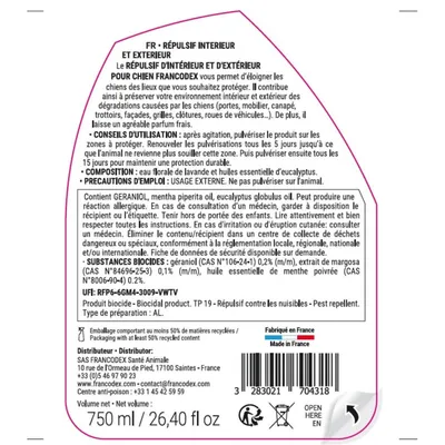 Répulsif d'Intérieur et d'Extérieur 750 ml pour chien
