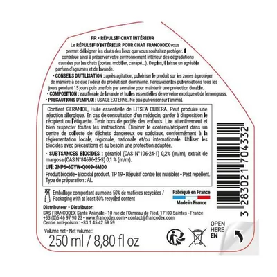 Répulsif d'intérieur pour chat en spray, contre griffades et marquage, 250