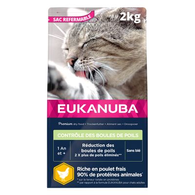 Eukanuba Chat Adulte Controle des Boules de Poils Toutes Races Poulet 2kg