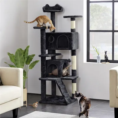 Arbre à Chat Avec 2 Niches 3 Plateformes 2 Boules Hauteur 158cm Noir
