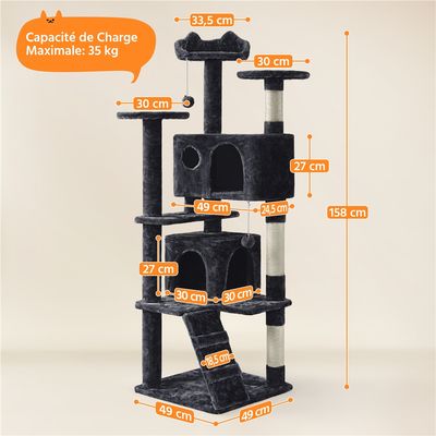 Arbre à Chat Avec 2 Niches 3 Plateformes 2 Boules Hauteur 158cm Noir