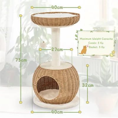 Arbre à Chat En Rotin Avec Cachette Ronde Panier Supérieur Griffoir