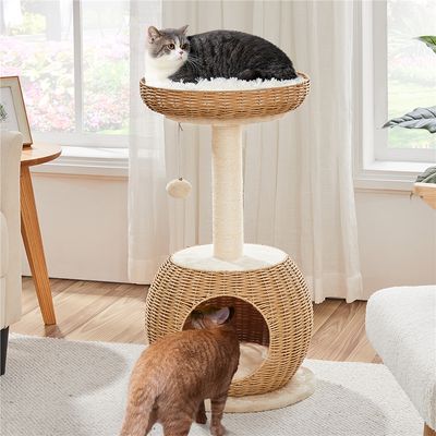Arbre à Chat En Rotin Avec Cachette Ronde Panier Supérieur Griffoir
