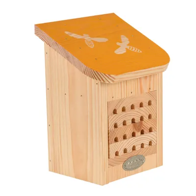 Maison à abeilles, avec toit coloré avec silhouette abeilles.