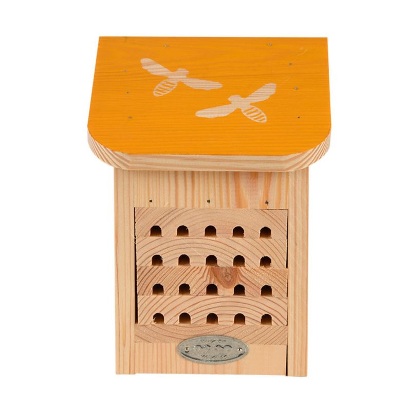Maison à abeilles, avec toit coloré avec silhouette abeilles.