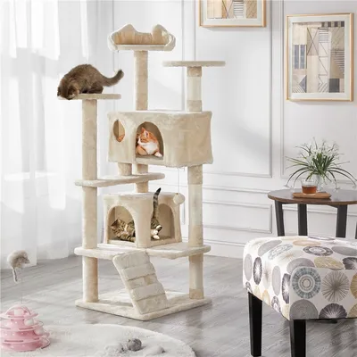 Arbre à Chat Avec 2 Niches Multi-niveaux Hauteur 137cm Idéal Pour 3-4 Chats