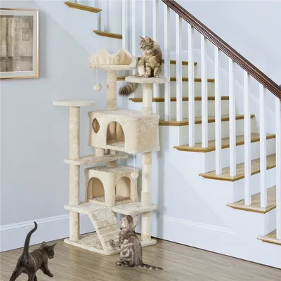 Arbre à Chat Avec 2 Niches Multi-niveaux Hauteur 137cm Idéal Pour 3-4 Chats