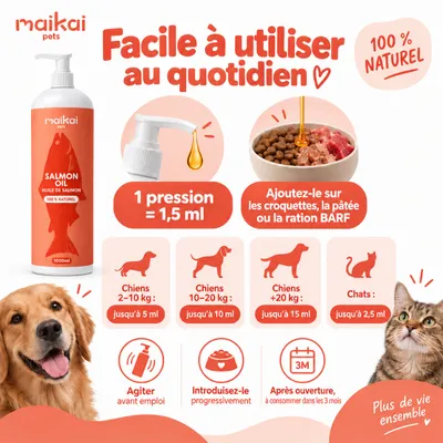 MAIKAI Huile de Saumon Chien et Chat - 100% Naturel - Riche en Omega 3 MAIKAI Huile de Saumon Chien et Chat - 100% Naturel - Riche en Omega 3