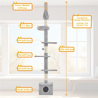 Arbre à Chat Plafond Réglable En Hauteur Avec Cachette Et Griffoirs