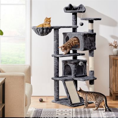 Arbre à Chat 3 Plateformes 2 Niches 2 Pompons Suspendus 139 Cm Gris