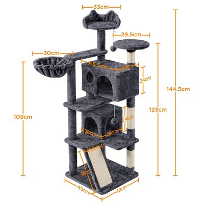 Arbre à Chat 3 Plateformes 2 Niches 2 Pompons Suspendus 139 Cm Gris