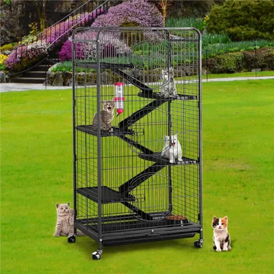 Cage Pour Petits Animaux à Roulettes Avec 5 Rampes, 5 Plateformes Noir