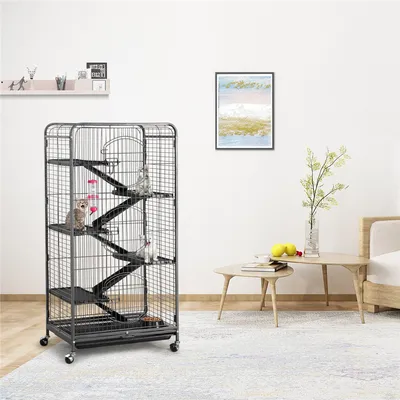 Cage Pour Petits Animaux à Roulettes Avec 5 Rampes, 5 Plateformes Noir