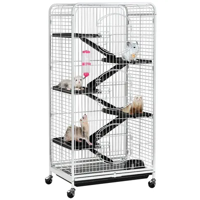 Cage Pour Petits Animaux à Roulettes Avec 5 Rampes, 5 Plateformes Blanc