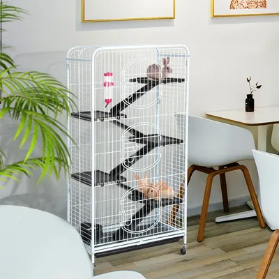 Cage Pour Petits Animaux à Roulettes Avec 5 Rampes, 5 Plateformes Blanc