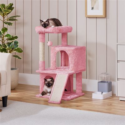 Arbre à Chat 2 Niches 1 Boule De Peluche Et 1 Platforme Rose