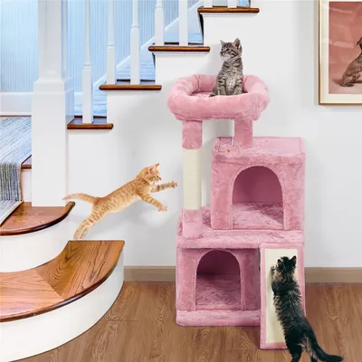 Arbre à Chat 2 Niches 1 Boule De Peluche Et 1 Platforme Rose