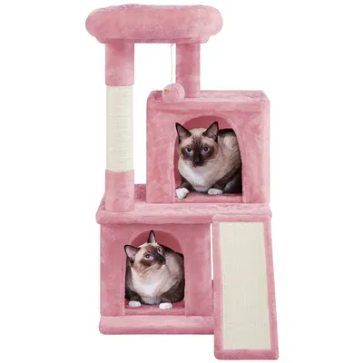 Arbre à Chat 2 Niches 1 Boule De Peluche Et 1 Platforme Rose