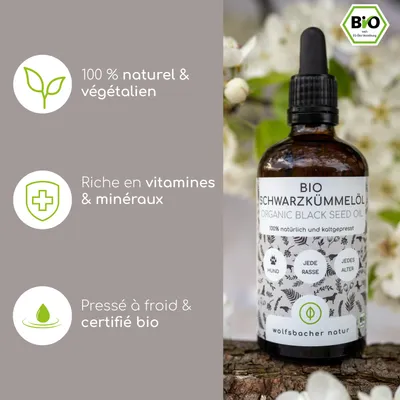 Wolfsbacher Natur Huile de nigelle bio pour chiens