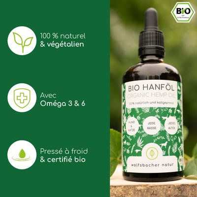 Wolfsbacher Natur Huile de chanvre bio pour chiens
