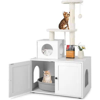 GIANTEX Arbre à Chat avec Meuble Litière et Niche, Style Industriel