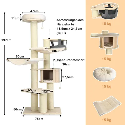 GIANTEX Árbol para trepar con ganchos giratorios, asideros de sisal y Condo