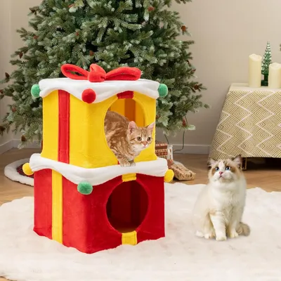 GIANTEX Niche pour Chat Noël à 2 Niveaux Design Modulaire, Tissu en Peluche