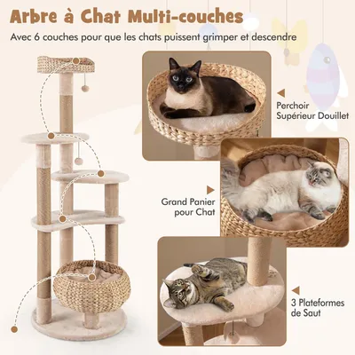 GIANTEX Arbre à Chat 164cm en Tige Massette avec Poteaux à Gratter en Jute
