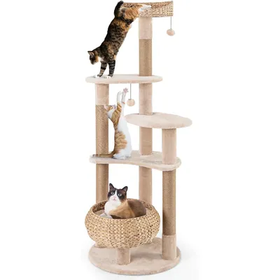 GIANTEX Arbre à Chat 164cm en Tige Massette avec Poteaux à Gratter en Jute