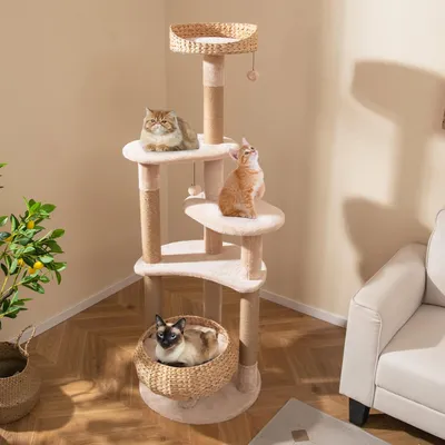 GIANTEX Arbre à Chat 164cm en Tige Massette avec Poteaux à Gratter en Jute
