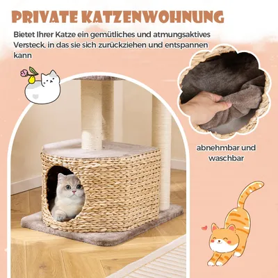 GIANTEX Kratzbaum Mit Rohrkolbenbezug, Sitzfläche Und Katzenhäuschen GIANTEX Kratzbaum Mit Rohrkolbenbezug, Sitzfläche Und Katzenhäuschen